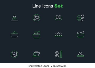 Set line Rice in a bowl, Dumpling with chopsticks, Traditional tea ceremony, Wonton, Ramen soup and  icon. Vector