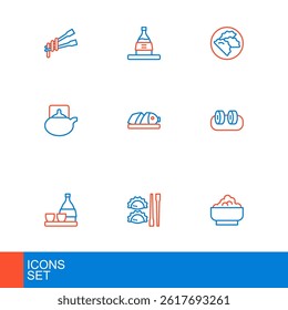 Set line Rice in a bowl, Dumpling with chopsticks, Bottle of sake, Sushi, Traditional tea ceremony, Fish sliced pieces,  and  icon. Vector