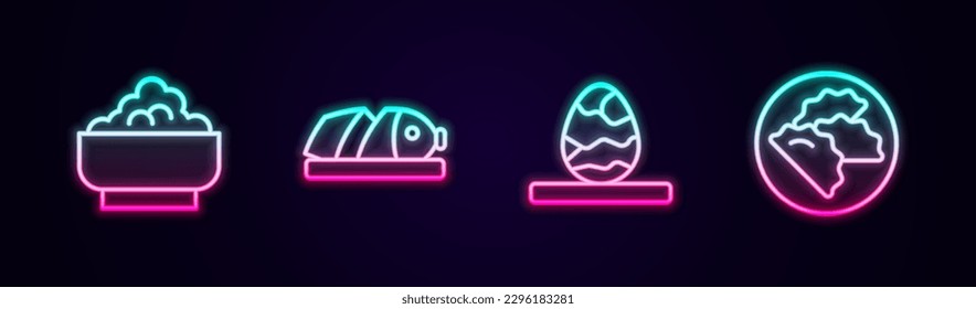 Set line Rice in a bowl, Fish with sliced pieces, Chinese tea egg and Dumpling. Glowing neon icon. Vector