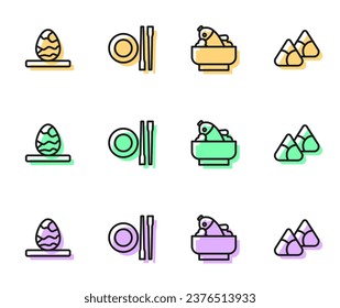 Set line Rice with fish in a bowl, Chinese tea egg, Food chopsticks plate and Zongzi bamboo steamer icon. Vector