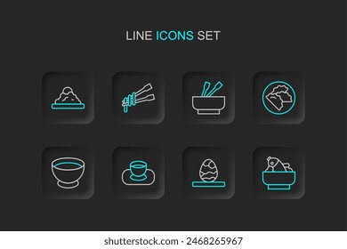 Set line Arroz con pescado en un bol, huevo de té chino, salsa de soja, Dumpling, fideos asiáticos, palillos de comida e icono. Vector