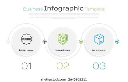 Set line rice tag with Free, Delivery security shield and Carton cardboard box. Business infographic template. Vector
