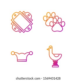 Set line Riding kid duck, Jester hat with bells, Ticket and Paw print. Gradient color icons. Vector