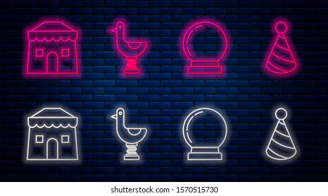 Set line Riding kid duck, Magic ball, Circus tent and Party hat. Glowing neon icon on brick wall. Vector
