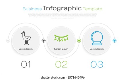 Set line Riding kid duck, Carnival garland with flags and Magic ball. Business infographic template. Vector