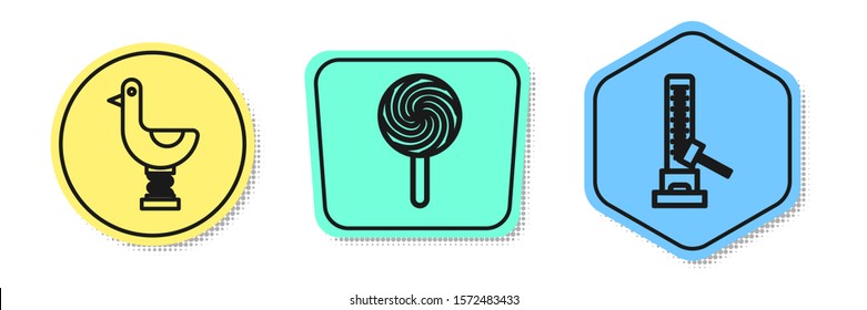 Set line Riding kid duck, Lollipop and High striker attraction with big hammer. Colored shapes. Vector