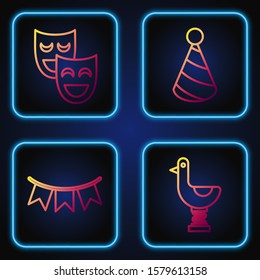 Set line Riding kid duck, Carnival garland with flags, Comedy theatrical masks and Party hat. Gradient color icons. Vector