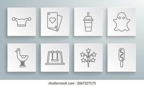 Set Line Riding Kid Duck, Playing Card, Swing, Fireworks, Corn Dog, Paper Glass With Drinking Straw And Water, Ghost And Jester Hat Bells Icon. Vector