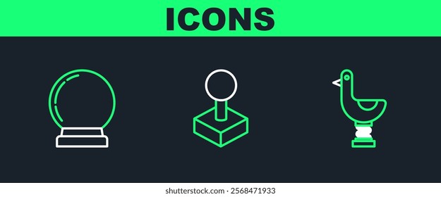 Set line Riding kid duck, Magic ball and Joystick for arcade machine icon. Vector