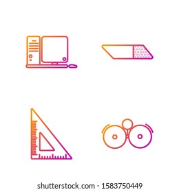 Set line Ringing alarm bell, Triangular ruler, Computer monitor with keyboard and mouse and Eraser or rubber. Gradient color icons. Vector