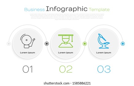 Set line Ringing alarm bell, Graduate and graduation cap and Microscope. Business infographic template. Vector