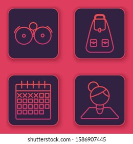 Set line Ringing alarm bell, Calendar, School backpack and Teacher. Blue square button. Vector