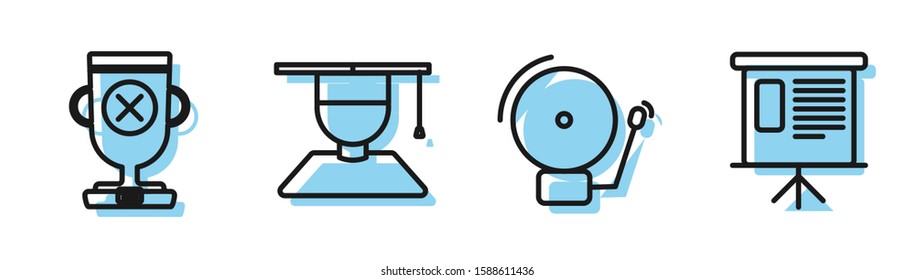 Set line Ringing alarm bell, Award cup, Graduate and graduation cap and Presentation financial board with graph, schedule, chart, diagram, infographic, pie graph icon. Vector