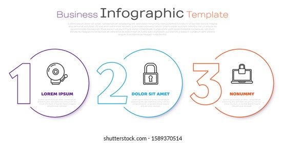 Set line Ringing alarm bell , Lock  and Laptop and lock . Business infographic template. Vector
