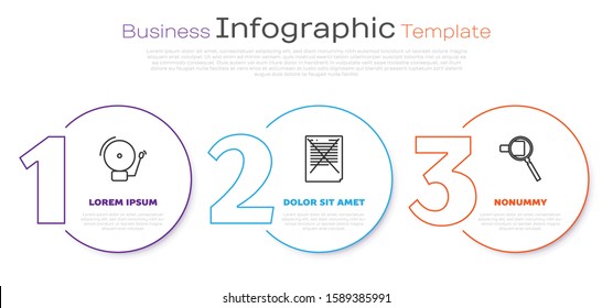 Set line Ringing alarm bell, Exam paper with incorrect answers survey and Magnifying glass. Business infographic template. Vector