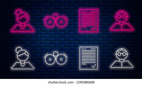 Set line Ringing alarm bell, Exam sheet with check mark, Teacher and Student. Glowing neon icon on brick wall. Vector