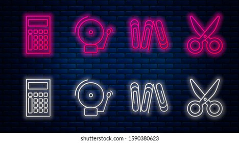 Set line Ringing alarm bell, Paper clip, Calculator and Scissors. Glowing neon icon on brick wall. Vector