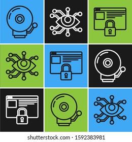 Set line Ringing alarm bell , Secure your site with HTTPS, SSL and Eye scan  icon. Vector