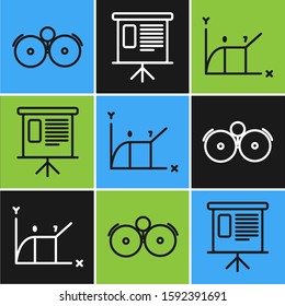 Set line Ringing alarm bell, Pie chart infographic and Presentation financial board with graph, schedule, chart, diagram, infographic, pie graph icon. Vector
