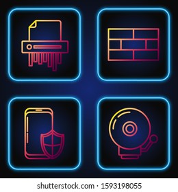 Set line Ringing alarm bell , Smartphone with security shield , Paper shredder confidential and Bricks . Gradient color icons. Vector