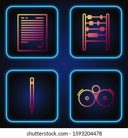 Set line Ringing alarm bell, Pencil with eraser, Exam sheet with check mark and Abacus. Gradient color icons. Vector