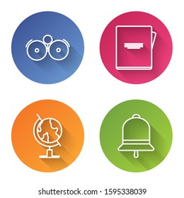 Set line Ringing alarm bell, Notebook, Earth globe and Ringing bell. Color circle button. Vector