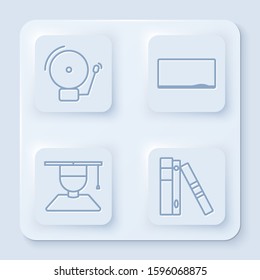 Set line Ringing alarm bell, Chalkboard, Graduate and graduation cap and Office folders with papers and documents. White square button. Vector
