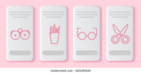 Set line Ringing alarm bell, Pencil case stationery, Glasses and Scissors. White rectangle button. Vector