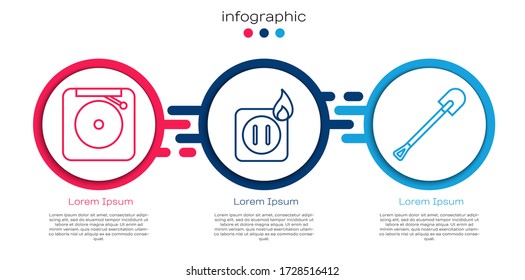 Set line Ringing alarm bell, Electric wiring of socket in fire and Fire shovel. Business infographic template. Vector