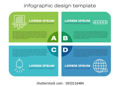 Set line Ringing alarm bell, Paper shredder, Social network and Password protection. Business infographic template. Vector