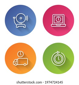 Set line Ringing alarm bell, Laptop time, Delivery and Clock with arrow. Color circle button. Vector