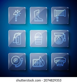 Set line Ringing alarm bell, Electric wiring of socket fire, Smoke system, Fire hose reel, bucket, extinguisher, Firefighter axe and  icon. Vector