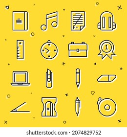 Set line Ringing alarm bell, Eraser or rubber, Medal, Exam paper with incorrect answers, Clock, Ruler, Spiral notebook and School backpack icon. Vector