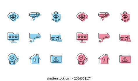 Set line Ringing Alarm Glocke, Haus unter Schutz, Wolke und Schild, Browser mit Ausrufezeichen, Sicherheitskamera, Kreditkarte, Ordner Passwort und Symbol. Vektorgrafik
