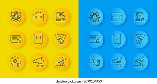Set line Ringing alarm bell, Certificate template, Book, Microscope, Medal, Atom, Office folders and Briefcase icon. Vector
