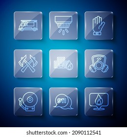 Set line Ringing alarm bell, Telephone call 911, Location with fire flame, Firefighter gloves, burning buildings, axe, truck and Gas mask icon. Vector