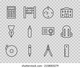 Set line Ringing alarm bell, Ruler, Clock, Pencil with eraser, Calculator, Marker pen, Drawing compass and School backpack icon. Vector