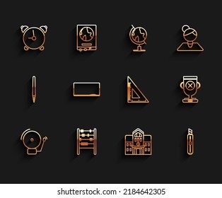Set line Ringing alarm bell, Abacus, Alarm clock, School building, Stationery knife, Chalkboard, Award cup and Triangular ruler icon. Vector