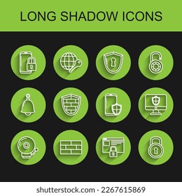 Set line Ringing alarm bell, Bricks, Smartphone with closed padlock, Secure your site HTTPS, SSL, Lock, Shield cyber security brick wall, Computer monitor and shield and  icon. Vector