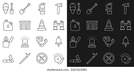 Set line Ringing alarm bell, Firefighter gloves, extinguisher, Building of fire station, Canister fuel, shovel and bucket and Traffic cone icon. Vector