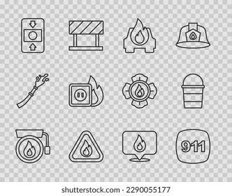 Set line Ringing alarm bell, Emergency call 911, Burning car, Fire flame triangle, system, Electric wiring of socket fire, Location with and bucket icon. Vector