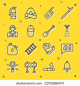 Set line Ringing alarm bell, Telephone call 911, Fire sprinkler, Walkie talkie, bucket, Firefighter, extinguisher and shovel icon. Vector