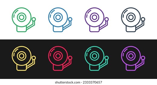 Set line Ringing alarm bell icon isolated on black and white background. Alarm symbol, service bell, handbell sign, notification symbol.  Vector