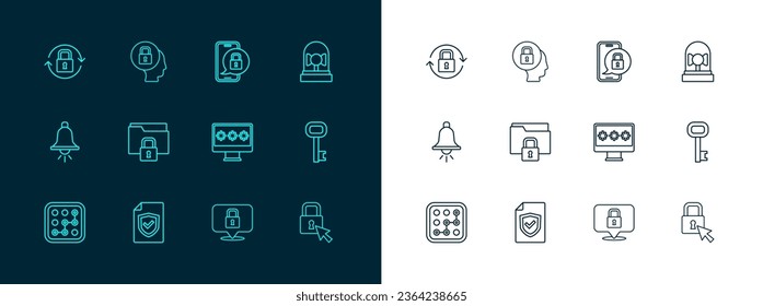 Set line Ringing alarm bell, Contract with shield, Monitor password, Lock, Folder and lock, Mobile closed padlock,  and  icon. Vector