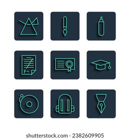 Set line Ringing alarm bell, School backpack, Fountain pen nib, Marker, Certificate template, Exam paper with incorrect answers, Light rays prism and Graduation cap icon. Vector