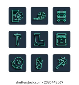 Fijar línea Sonido de alarma, Sin incendio, Cera de bomberos, escape, botas, Teléfono con llamada de emergencia 911 e icono del sistema. Vector