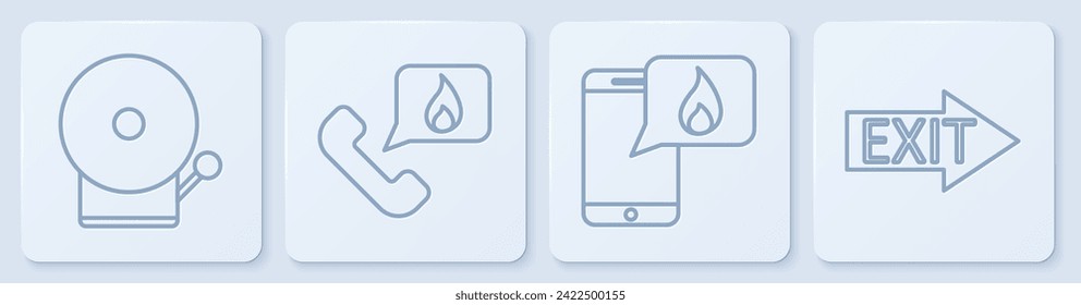 Fijar la línea Llamada de alarma, Teléfono con llamada de emergencia 911, Teléfono con llamada de emergencia 911 y salida de incendio. Botón cuadrado blanco. Vector
