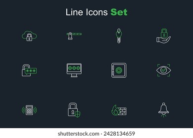 Ajuste de línea Timbre de alarma, cortafuegos, pared de seguridad, escudo con cerradura, panel de acceso de teclado de seguridad, escaneo ocular, caja fuerte, contraseña de monitor e icono cibernético. Vector