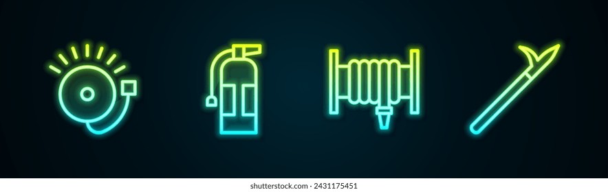 Set line Ringing alarm bell, Fire extinguisher, hose reel and Metal pike pole. Glowing neon icon. Vector