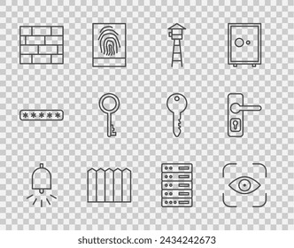 Set line Ringing alarm bell, Eye scan, Watch tower, Garden fence wooden, Bricks, Old key, Server, Data, Web Hosting and Door handle icon. Vector